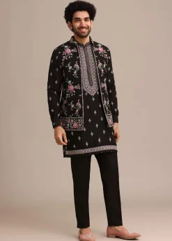 Black Silk Resham Embroidered Kurta Jacket Set