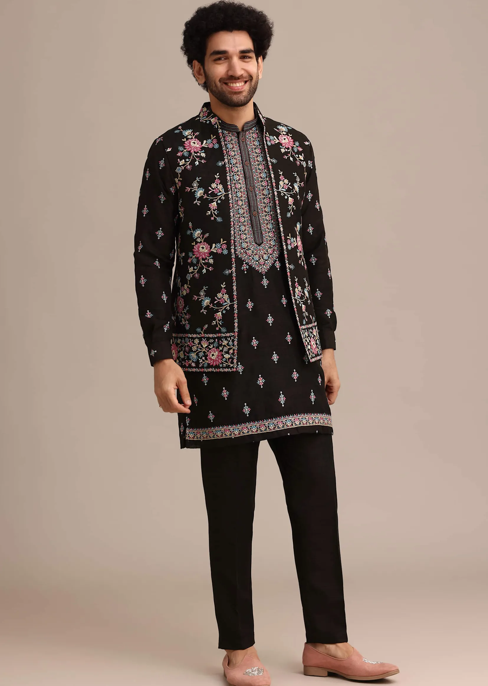 Black Silk Resham Embroidered Kurta Jacket Set