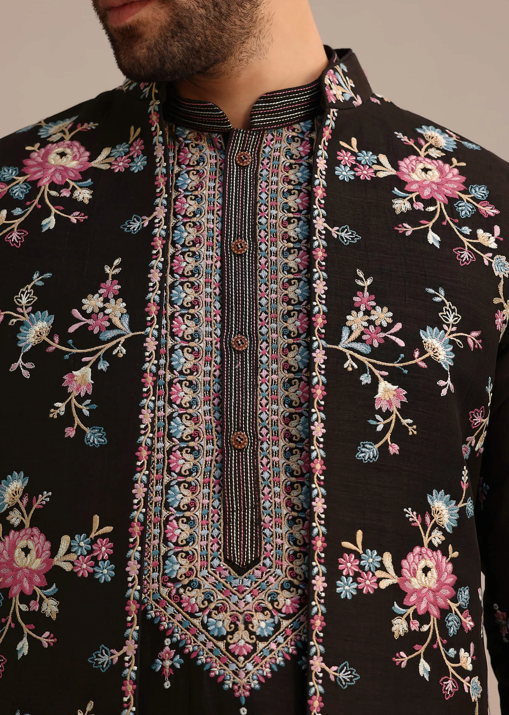 Black Silk Resham Embroidered Kurta Jacket Set
