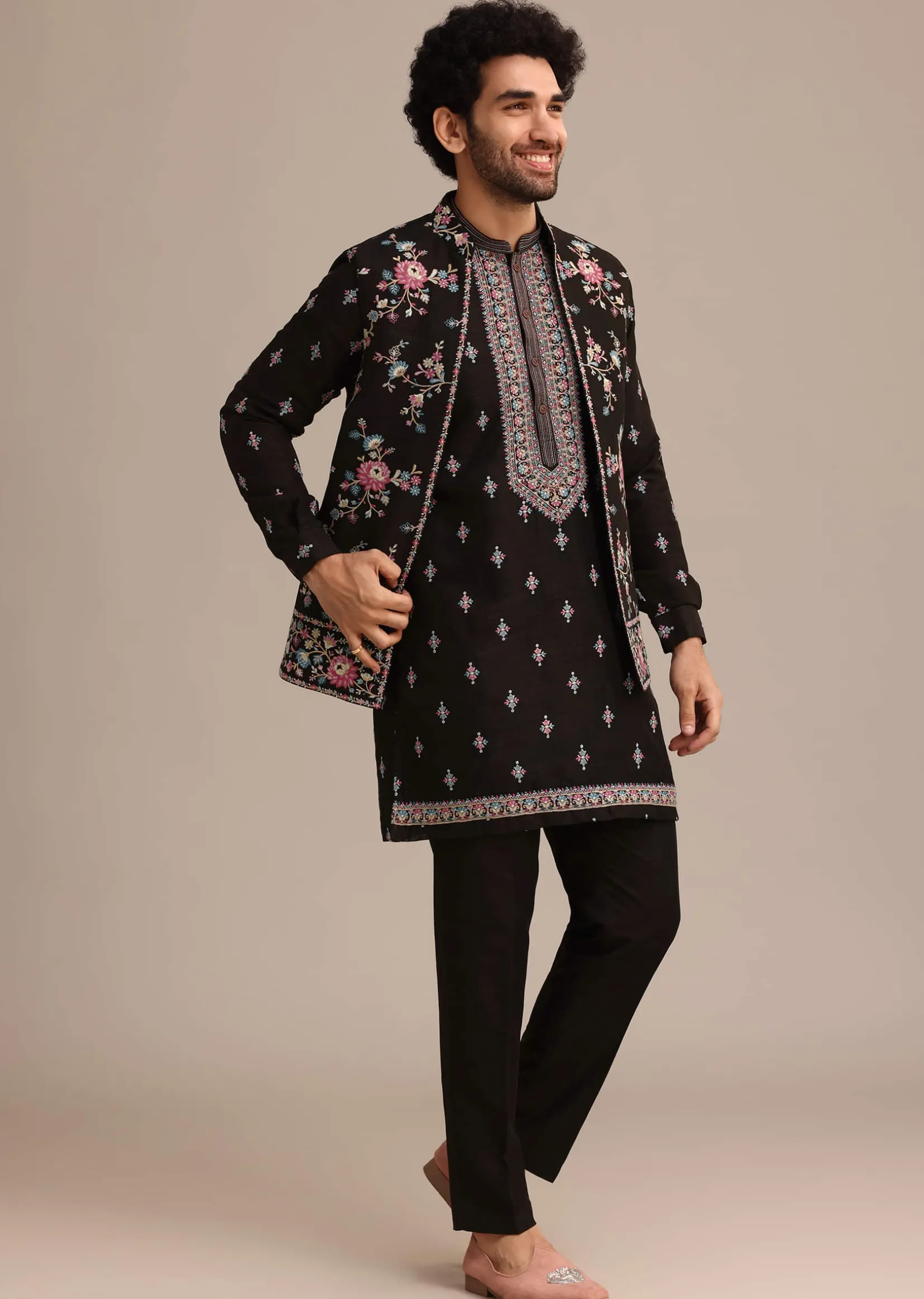 Black Silk Resham Embroidered Kurta Jacket Set