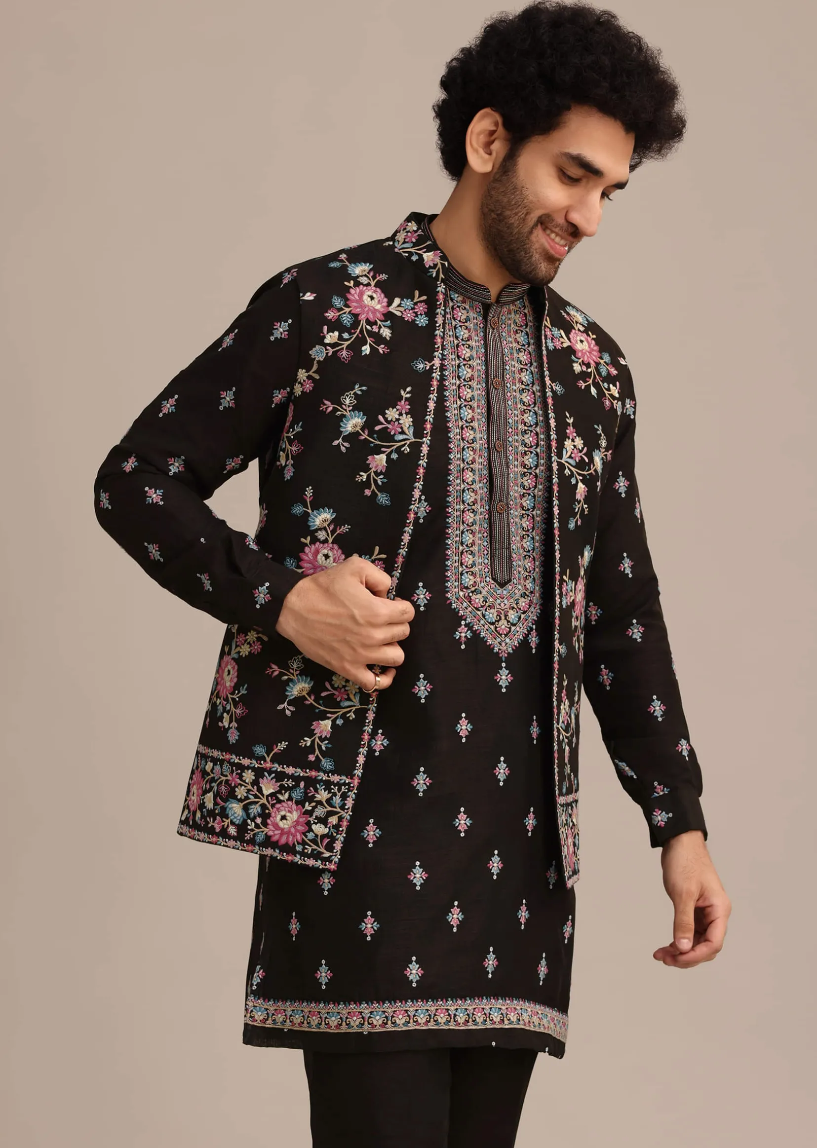 Black Silk Resham Embroidered Kurta Jacket Set
