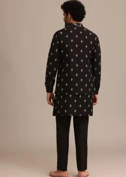 Black Silk Resham Embroidered Kurta Jacket Set