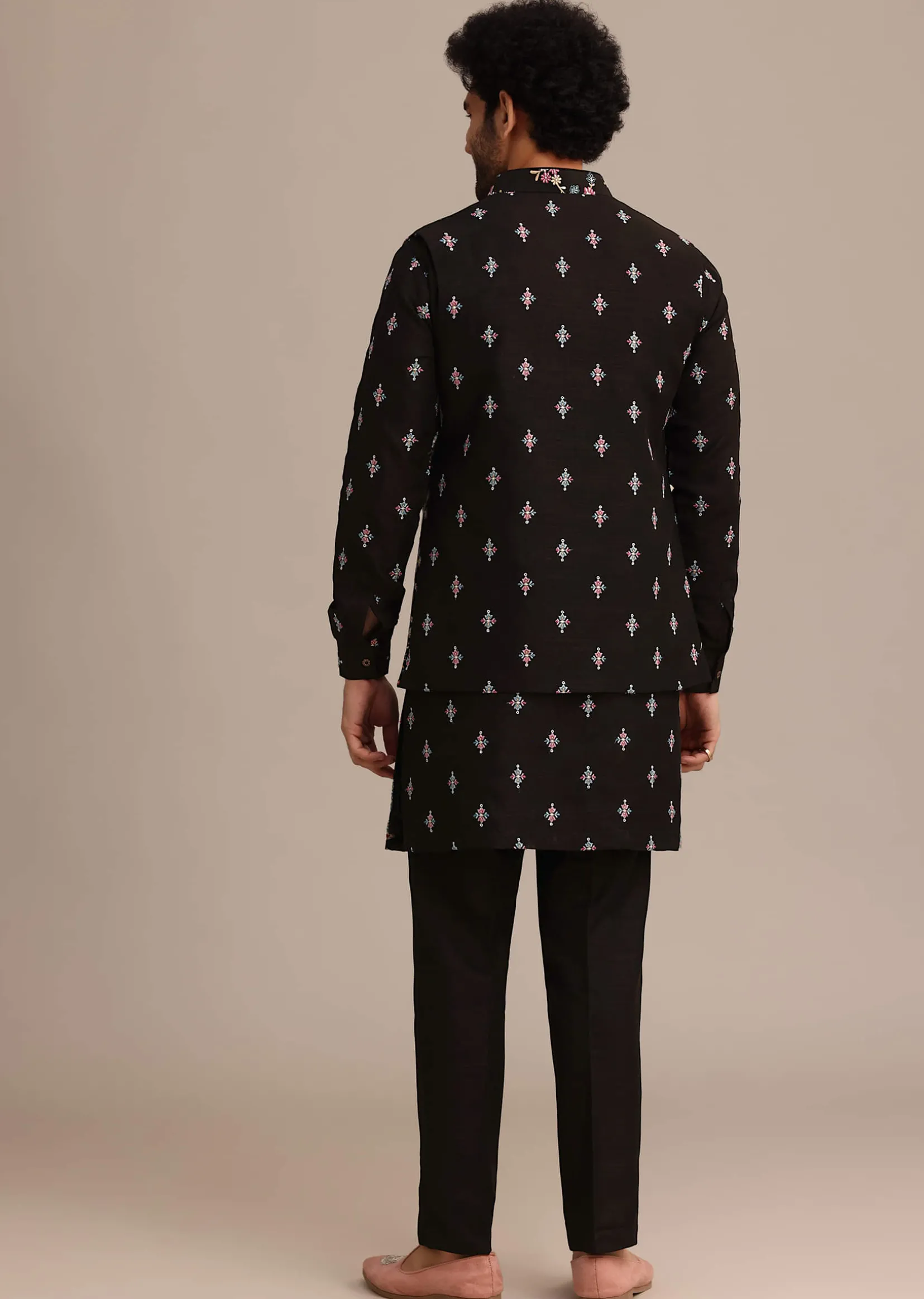 Black Silk Resham Embroidered Kurta Jacket Set