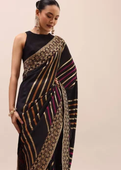 Black Silk Saree In Butta Work With Unstitched Blouse