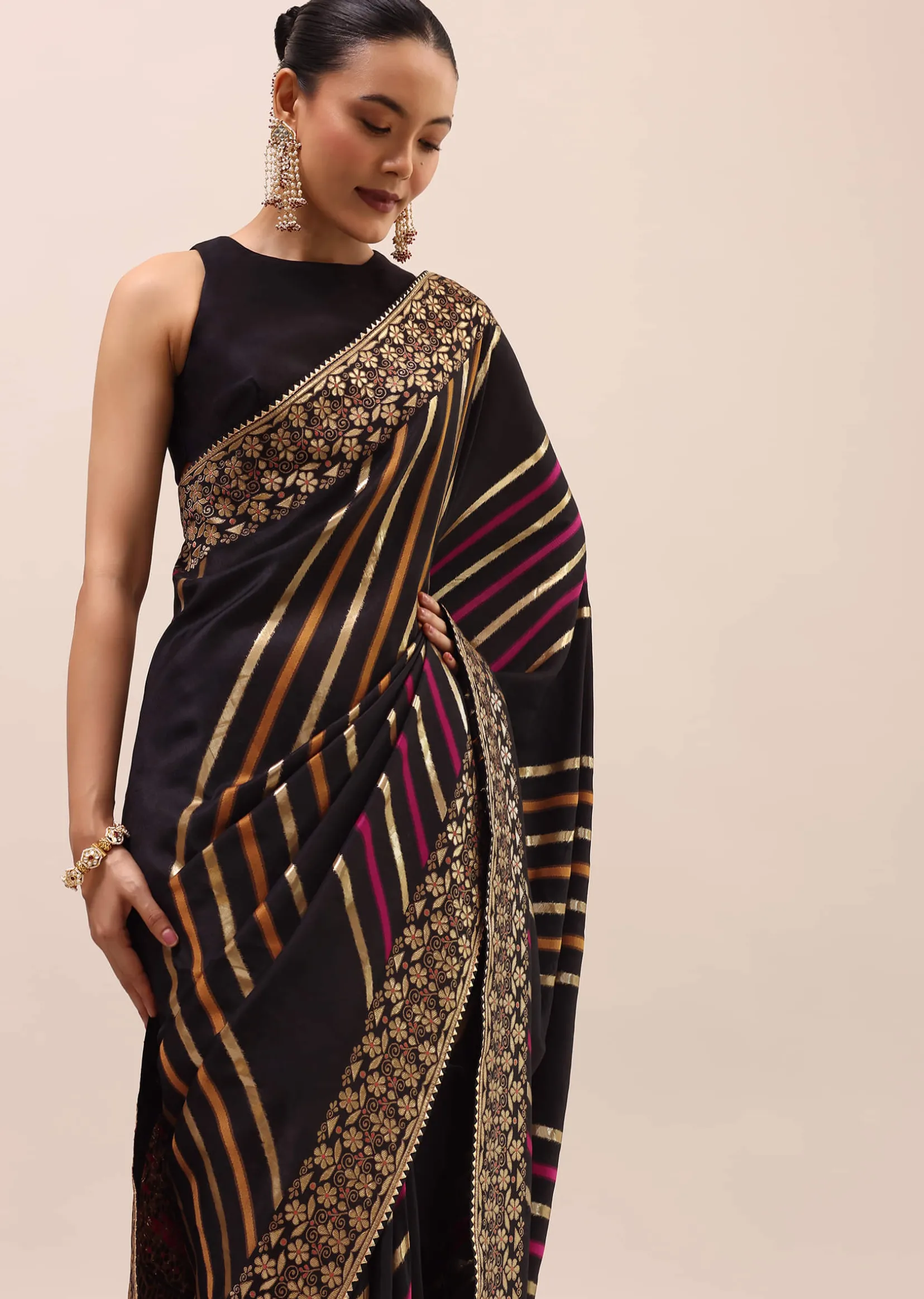 Black Silk Saree In Butta Work With Unstitched Blouse