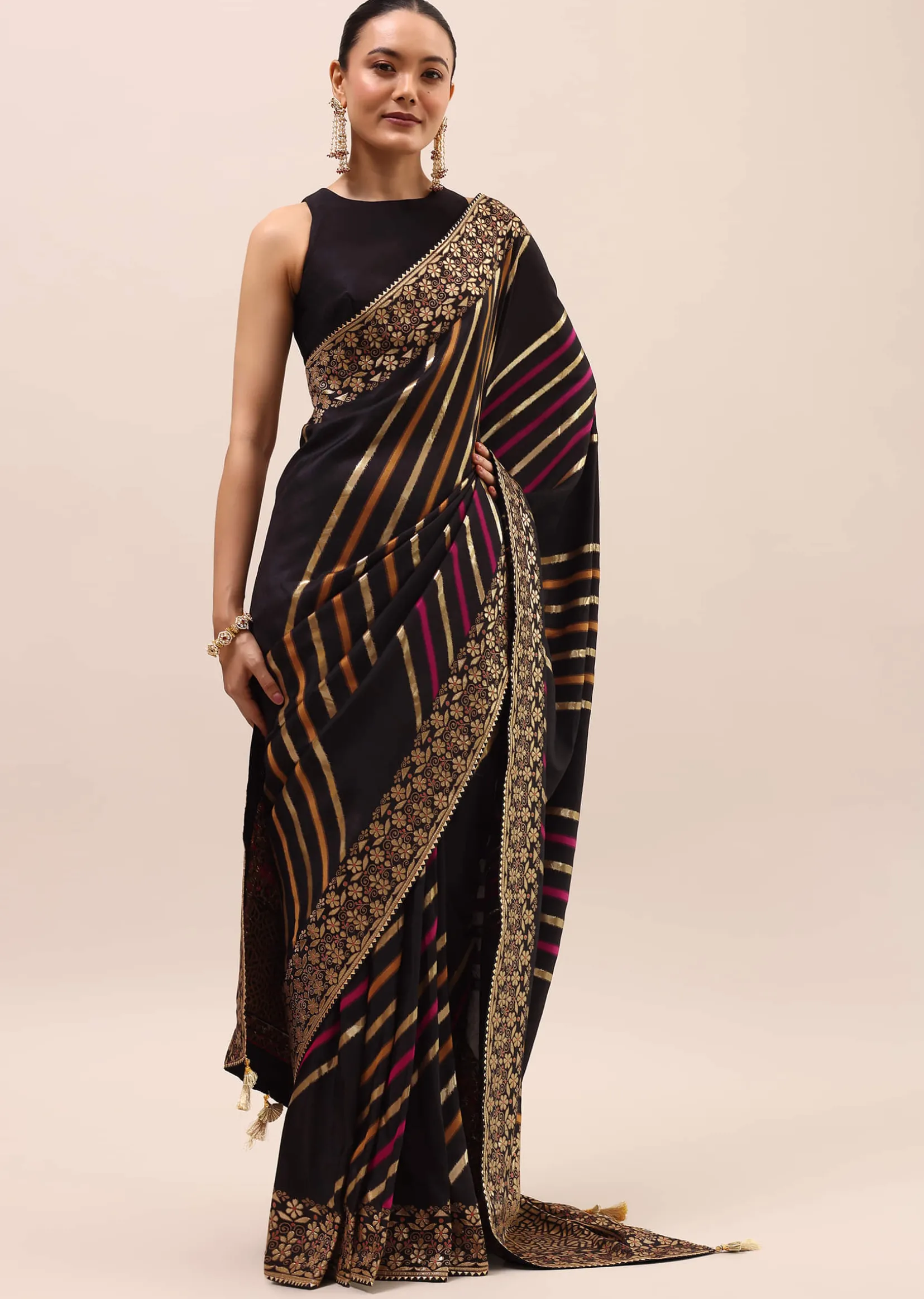 Black Silk Saree In Butta Work With Unstitched Blouse