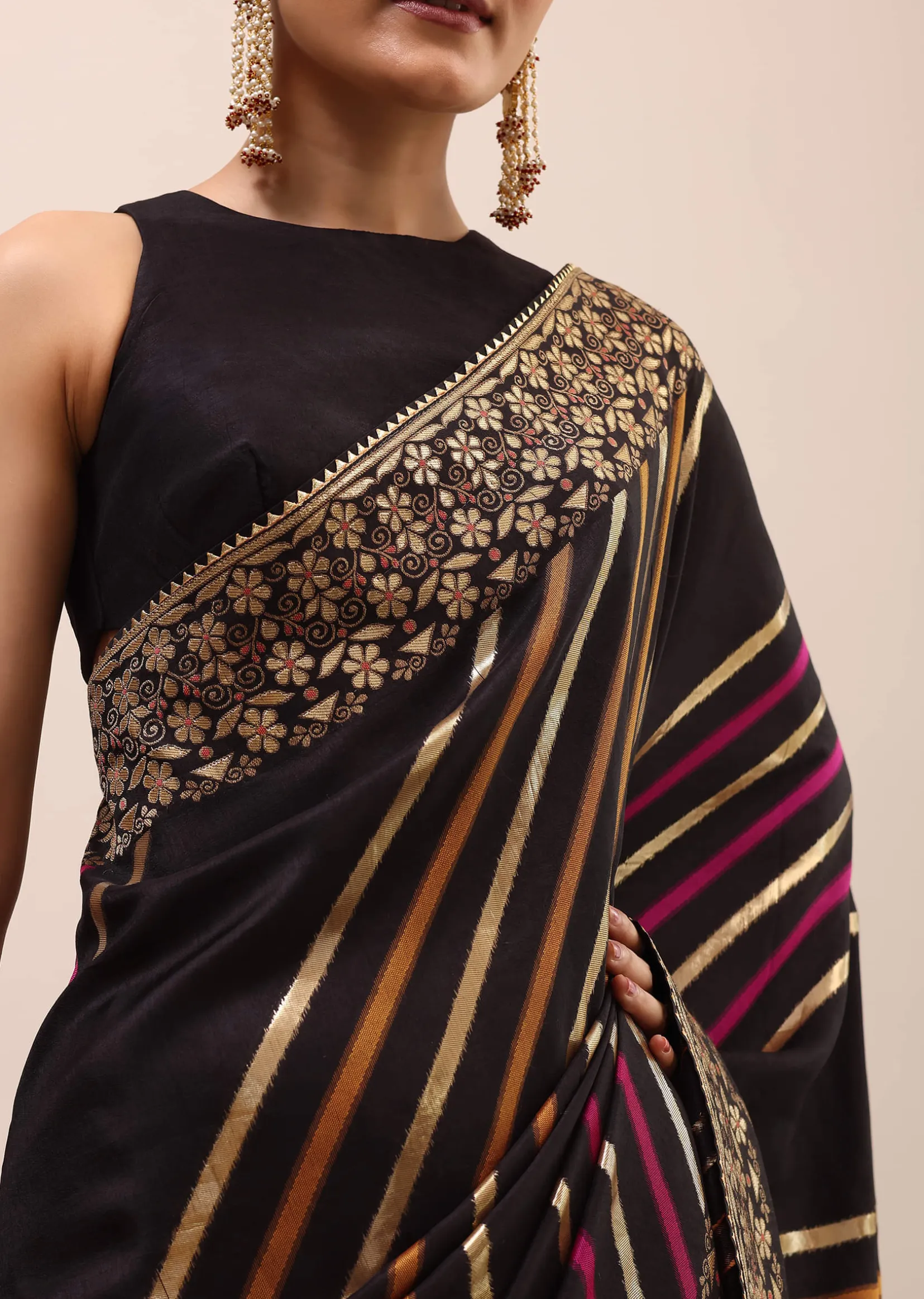 Black Silk Saree In Butta Work With Unstitched Blouse