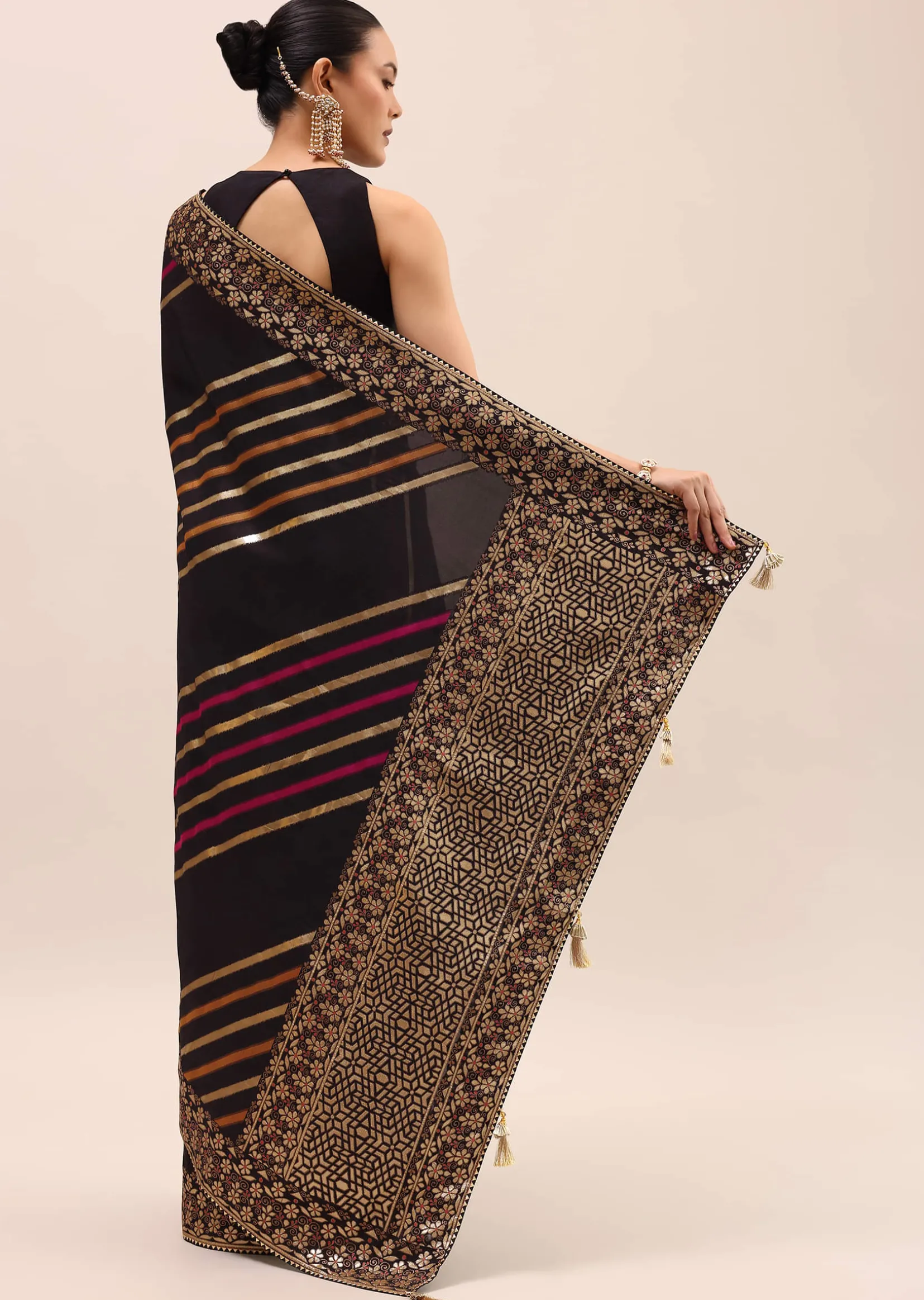 Black Silk Saree In Butta Work With Unstitched Blouse