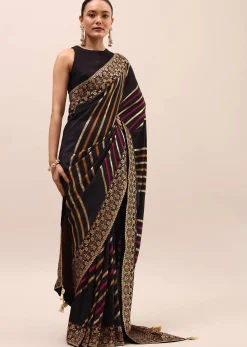 Black Silk Saree In Butta Work With Unstitched Blouse