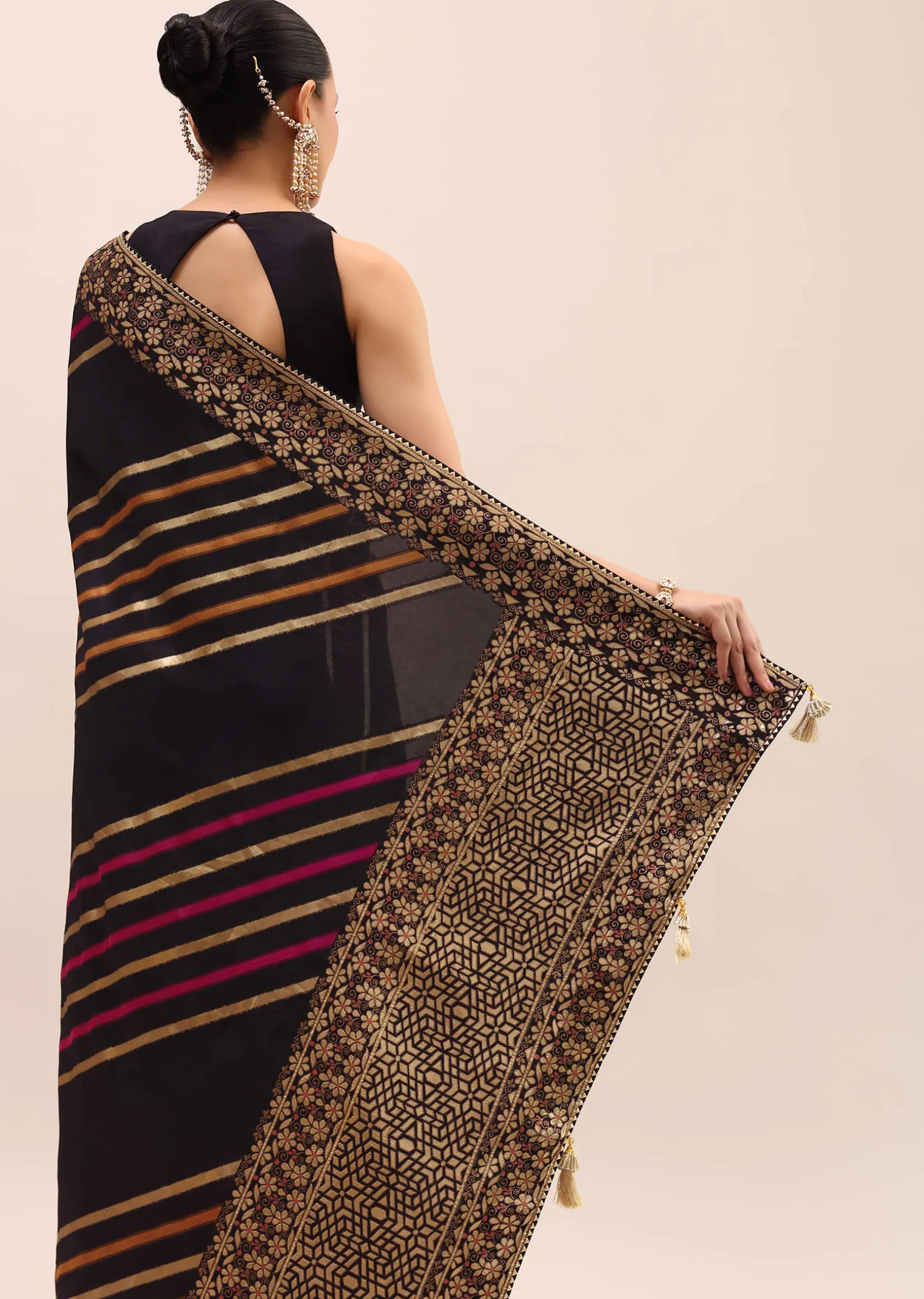 Black Silk Saree In Butta Work With Unstitched Blouse