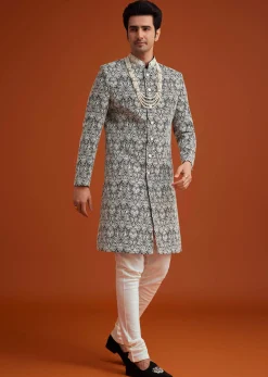 Black Silk Sherwani Set With Bead Work And Embroidery
