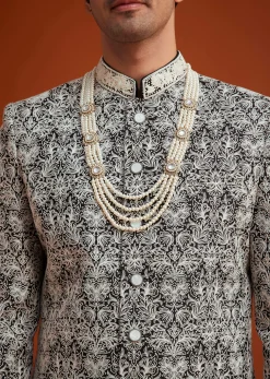 Black Silk Sherwani Set With Bead Work And Embroidery