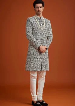 Black Silk Sherwani Set With Bead Work And Embroidery