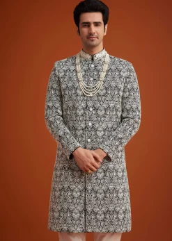 Black Silk Sherwani Set With Bead Work And Embroidery