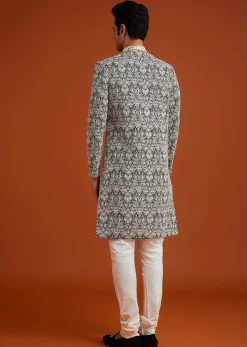 Black Silk Sherwani Set With Bead Work And Embroidery