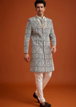 Black Silk Sherwani Set With Embroidery And Bead Work