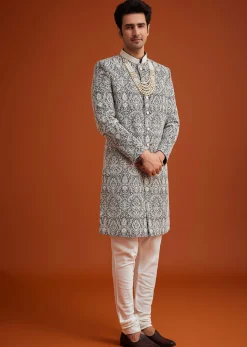 Black Silk Sherwani Set With Embroidery And Bead Work