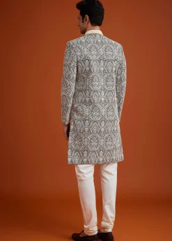 Black Silk Sherwani Set With Embroidery And Bead Work