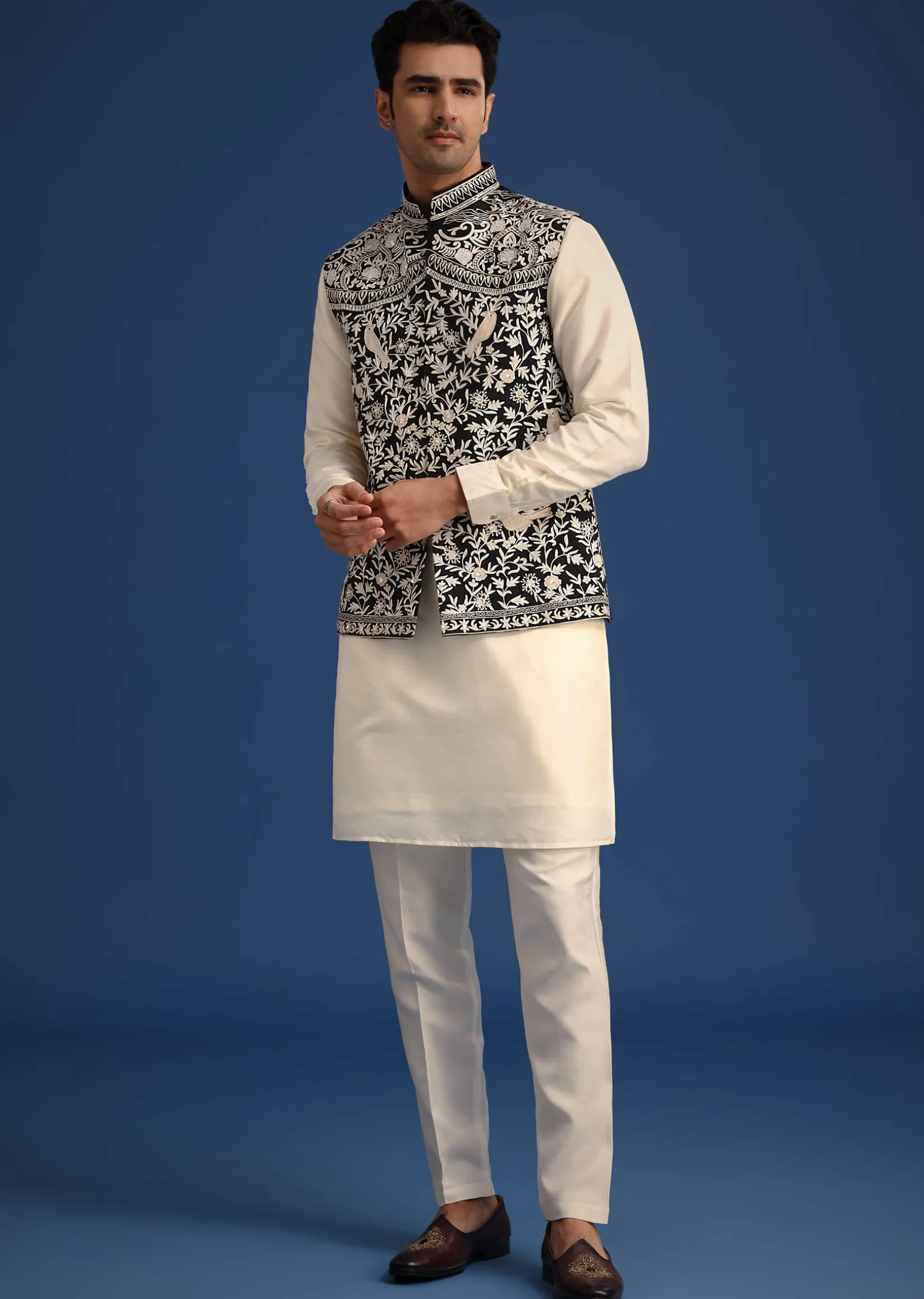 Black Silk Thread Work Jacket And Kurta Set