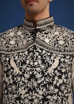 Black Silk Thread Work Jacket And Kurta Set