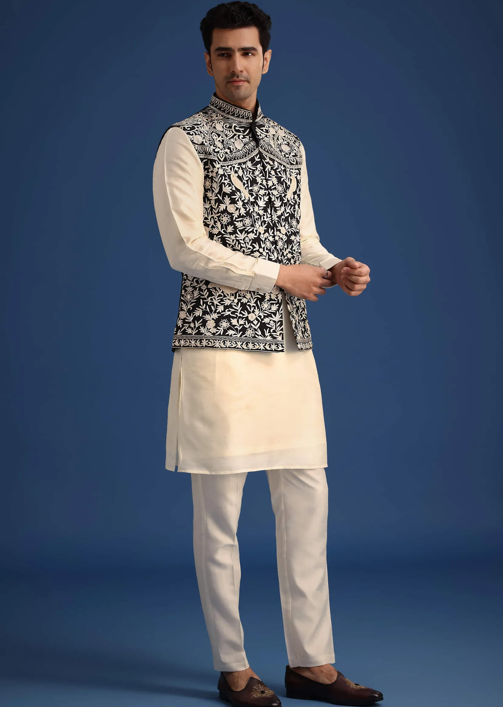 Black Silk Thread Work Jacket And Kurta Set