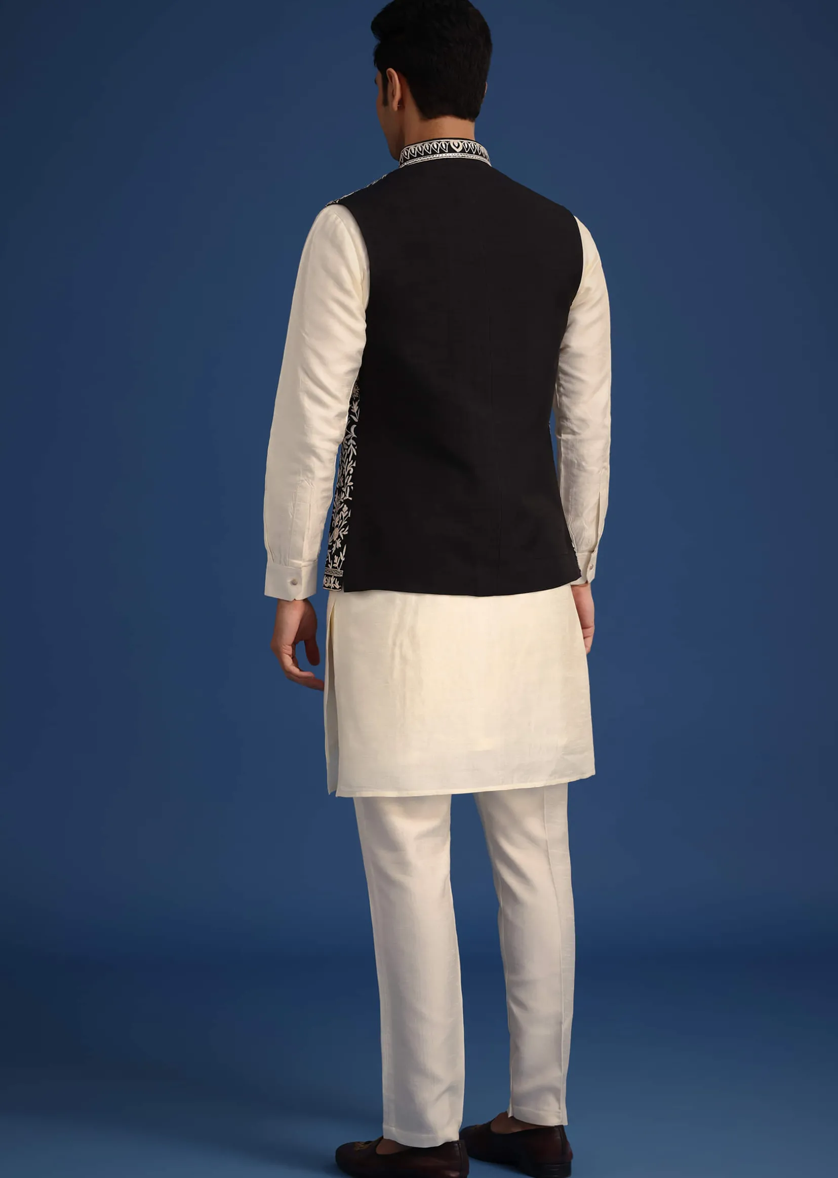 Black Silk Thread Work Jacket And Kurta Set