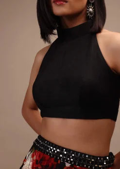 Black Sleeveless Blouse In A High Collar And A Halter Neckline Padded And Back-Zip Closure