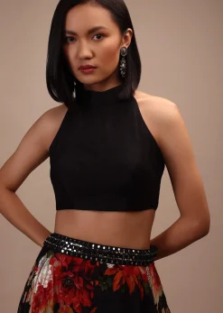 Black Sleeveless Blouse In A High Collar And A Halter Neckline Padded And Back-Zip Closure