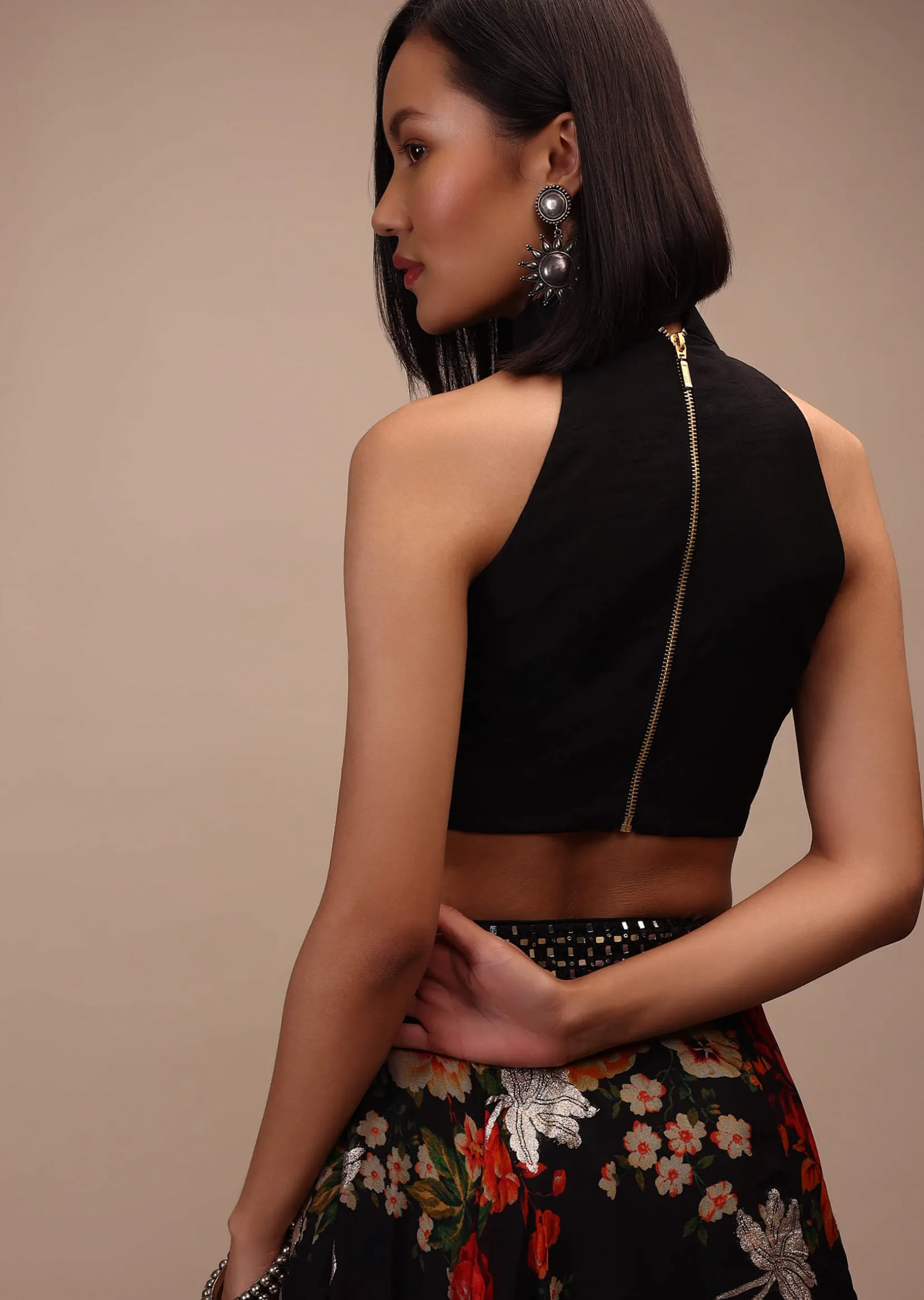 Black Sleeveless Blouse In A High Collar And A Halter Neckline Padded And Back-Zip Closure
