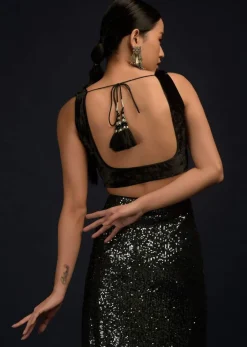 Black Sleeveless Blouse In Velvet With Scooped Neckline And Tassel Dori On The Back