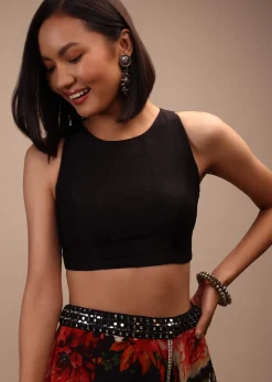 Black Sleeveless Blouse With Round Neckline, Straight Hemline, And Back Zip Closure
