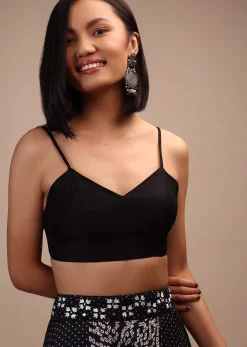 Black Spaghetti Sleeve Blouse In Raw Silk With A Sweetheart Neckline