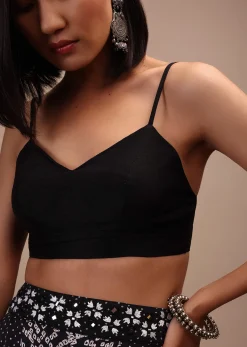 Black Spaghetti Sleeve Blouse In Raw Silk With A Sweetheart Neckline
