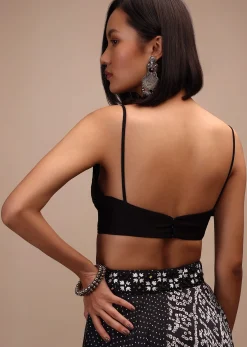 Black Spaghetti Sleeve Blouse In Raw Silk With A Sweetheart Neckline