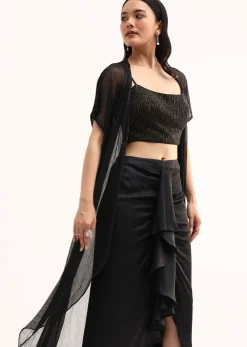 Black Stone Embroidered Silk Crop Top Set With Jacket
