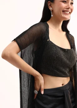 Black Stone Embroidered Silk Crop Top Set With Jacket