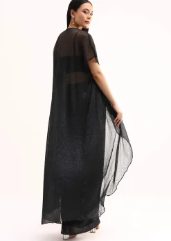 Black Stone Embroidered Silk Crop Top Set With Jacket