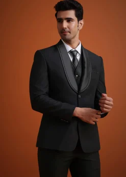 Black Stone Work Terry Rayon Tuxedo And Pant Set