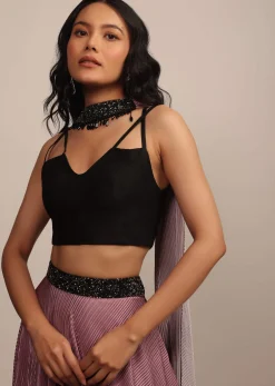 Black Strappy Sleeveless Raw Silk Blouse With V Neckline