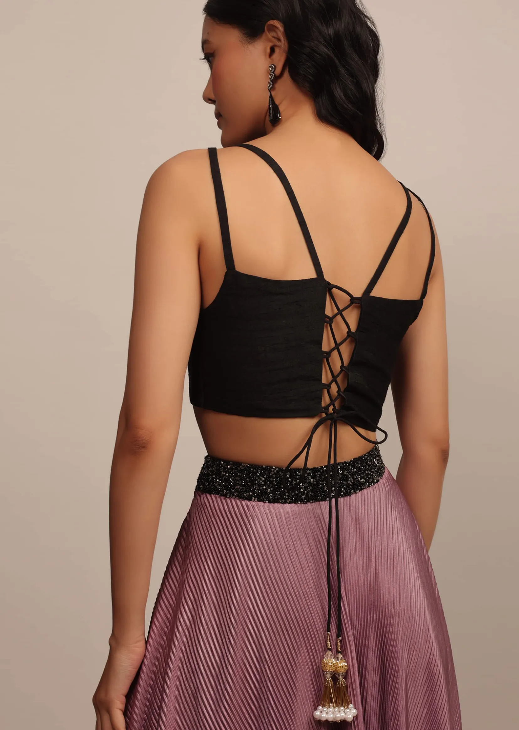 Black Strappy Sleeveless Raw Silk Blouse With V Neckline