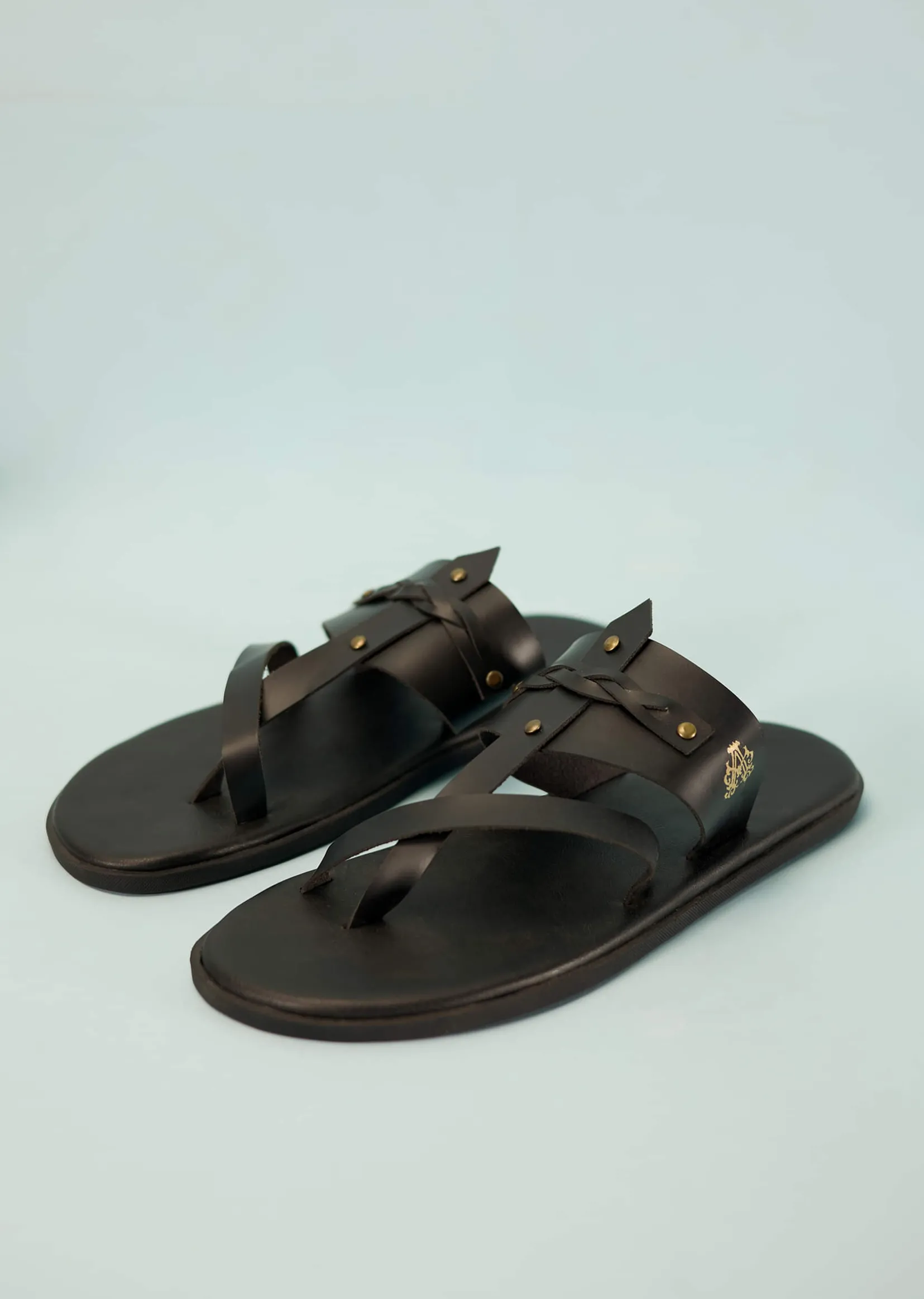 Black Strappy Slides For Men In Leather With Buttons