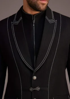 Black Suit With White Piping And Chain Detail