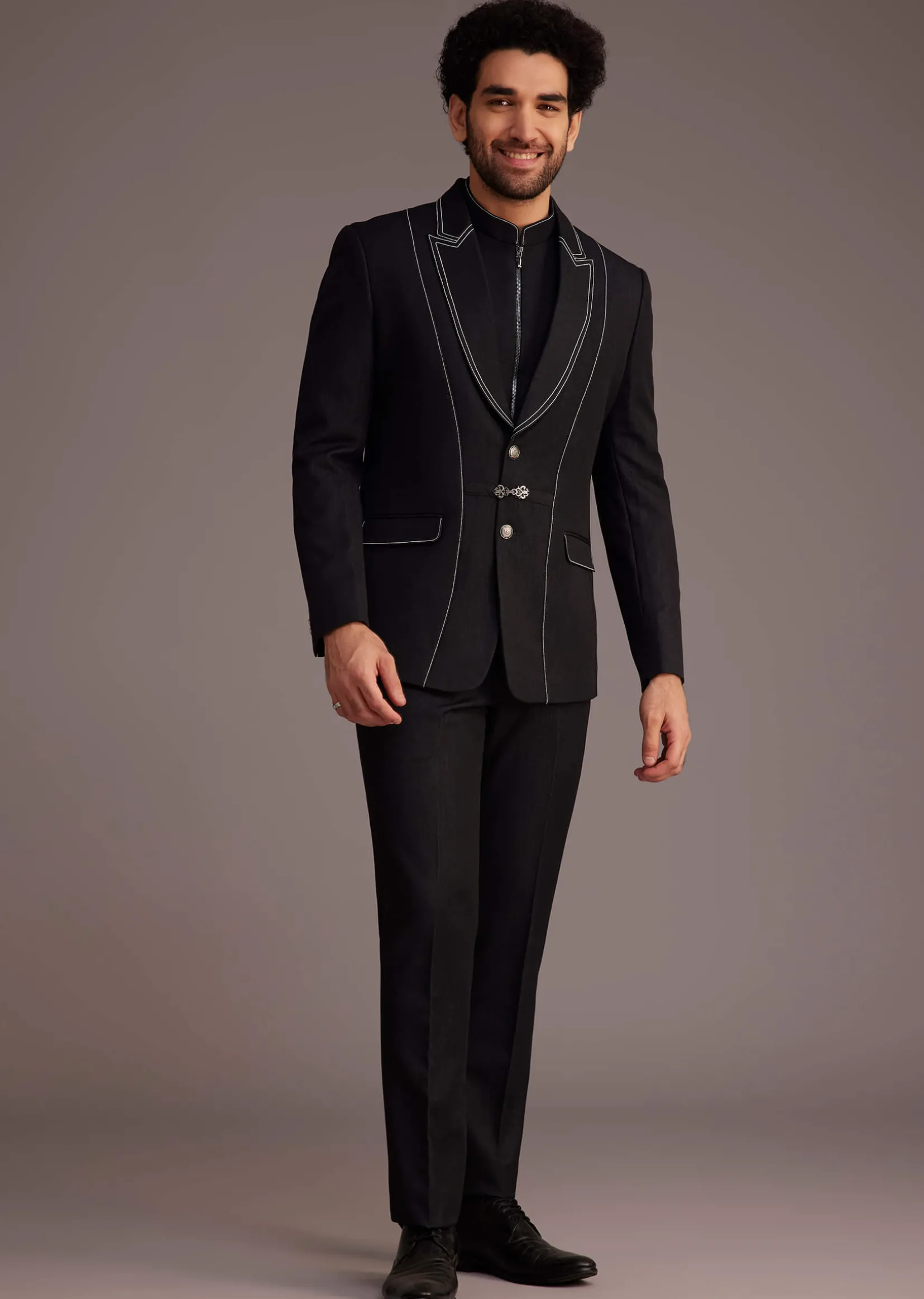 Black Suit With White Piping And Chain Detail