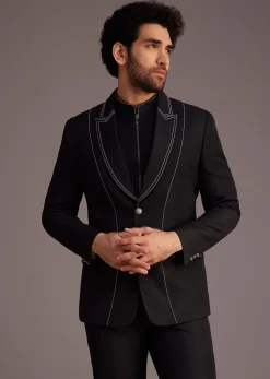 Black Suit With White Piping And Chain Detail