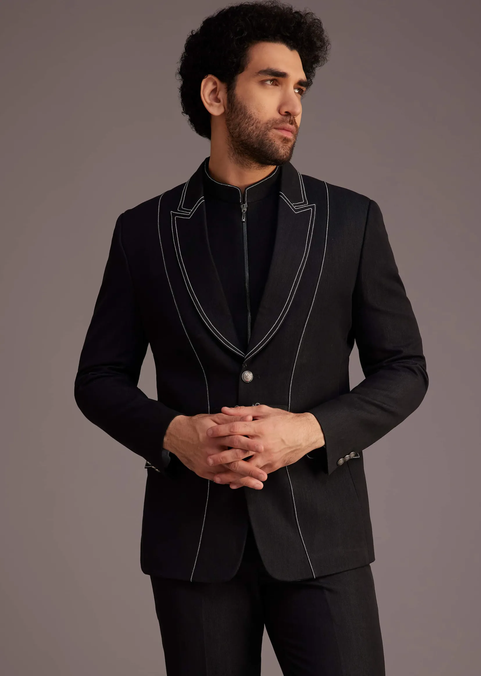 Black Suit With White Piping And Chain Detail