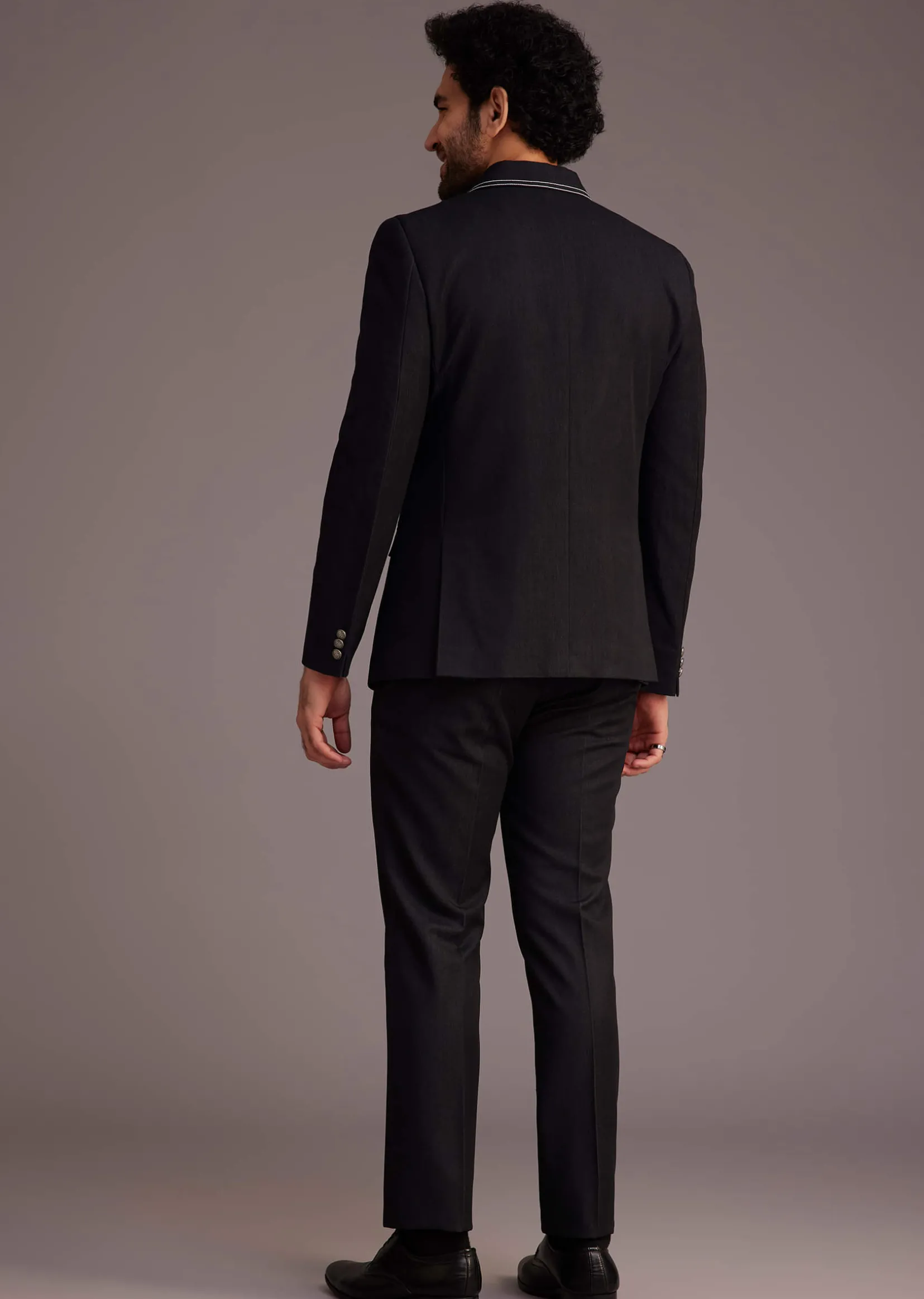 Black Suit With White Piping And Chain Detail