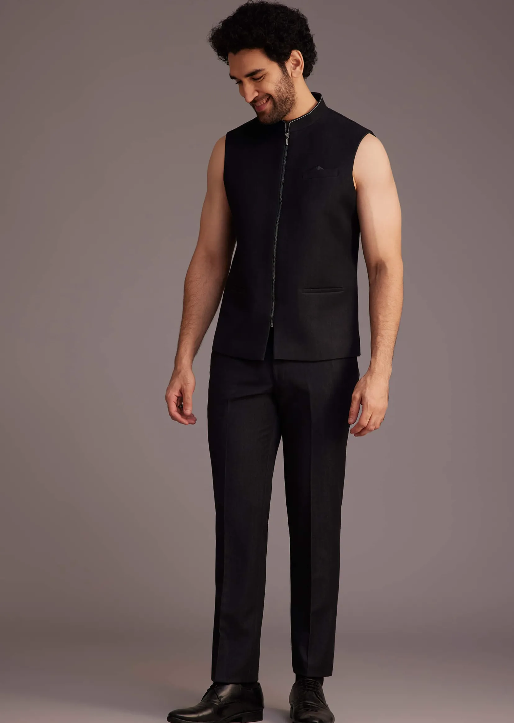 Black Suit With White Piping And Chain Detail