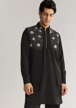Black Suiting Cutdana Sequins Floral Kurta Jacket Set
