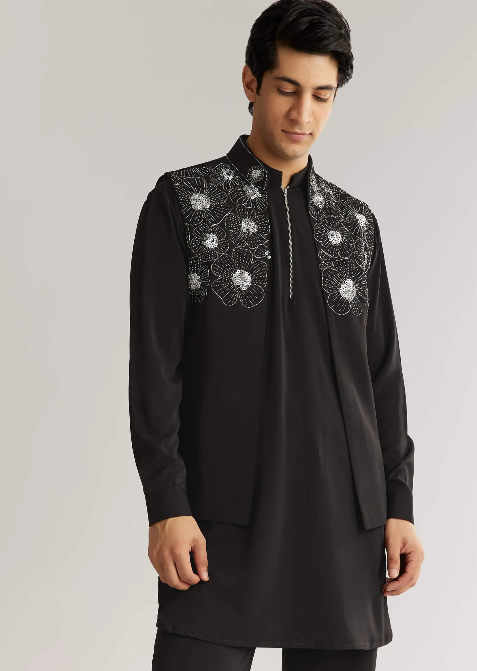 Black Suiting Cutdana Sequins Floral Kurta Jacket Set