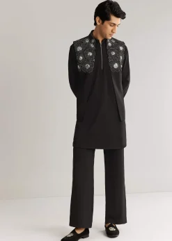 Black Suiting Cutdana Sequins Floral Kurta Jacket Set